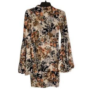 French Atmosphere Floral Print Bell Sleeve Casual Dress Size S